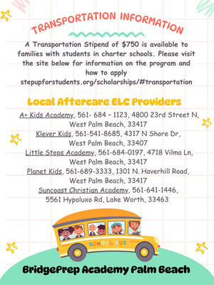 Transportation Information Options for BridgePrep Academy students. Visit the link below to find out how to apply for the stipend